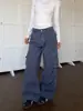 Pantalones cargo azules de trabajo franceses transfronterizos, pantalones rectos de carga multibolsillo retro americanos para hombre, jeans de pierna ancha lavados y desgastados de alta costura