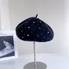 Boina de Lana de Moda Colorida con Pedrería, de Costura a Mano, Estilo Japonés, Resistente, para Mujer, Sombrero de Pintor Elegante y Cálido para Invierno, Sombrero de Azafata de Color Sólido