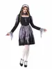Fantasia de Halloween Europeia e Americana Estilo Freira Gótica Escura Vestido Bruxa Cosplay Fantasia de Performance Fantasia de Freira