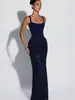 Vestido largo con tirante de lentejuelas tipo corsé de espina de pescado, escote cuadrado, amarre en la espalda, entallado a la cintura, ajustado al cuerpo, largo, formal, de noche