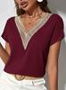 Europa e Estados Unidos cross-border renda costura bat manga V-neck top 2024 verão Amazon nova camiseta feminina