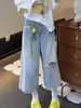 Jeans Cropped Anchos Desgastados de Color Claro Talla Plus para Mujer, Nuevo Estilo Verano, Cintura Alta, Corte Holgado, Adelgazantes, Versátiles, Shorts de Pierna Recta