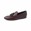 Mocassins femininos de primeira camada em pele de ovelha com franjas, novo estilo de outono, sapatos rasos de bico redondo em couro genuíno, sapatos confortáveis de cano médio