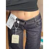 Jeans de Mezclilla Cruda Color Retro Americano de Tiro Bajo Micro-Campana para Mujer Primavera y Otoño Sueltos Adelgazantes Pantalones de Pierna Recta Extendida para Personas Altas