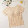 Top Feminino Justo de Manga Curta em Modal com Bojo e Camiseta Básica com Rosca por Dentro e por Fora, Estilo Curto