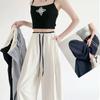 Pantalones Blancos de Pierna Ancha para Mujer, Pantalones Deportivos Finos de Verano para Mujer 2025, Pantalones Casuales Rectos de Color Contrastante Texturizados Sueltos de Seda de Hielo