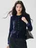 Cardigã de malha de cashmere com blocos de cor estilo francês para outono/inverno, para mulheres, corte solto, efeito emagrecedor, gola redonda, jaqueta suéter com blocos de cor