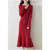 Vestido de cachemira con cuello, jersey para mujer, nuevo, versátil para otoño e invierno, de manga larga, casual, largo, de punto de lana
