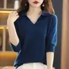 Suéter Nuevo de Cuello V para Primavera y Otoño 2026 Camiseta de Manga Siete para Mujer Top de Punto Holgado de Media Manga Capa Base Top para Mujer