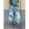 Shorts de mezclilla rasgados de estilo retro americano de alta calle para mujer, marca de tendencia de verano, corte casual holgado, pantalones cropped anchos y fluidos