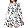 Vestido casual feminino com estampa digital 3D de comércio exterior, manga longa, gola redonda, preto e branco, desenho de linha simples