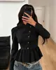 Chaqueta Asimétrica Botonada Ajustada con Cuello Alto de Pie, Dobladillo con Volantes y Mangas Abullonadas, Nuevo Estilo Chino Transfronterizo Europeo y Americano Otoño/Invierno 2026
