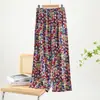 Pantalones de pijama de algodón y seda Verano Sueltos Talla grande Pierna ancha Aspecto estilizado Pantalones de mujer Ropa de casa informal Pantalones casuales de algodón artificial