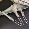Conjunto de Talheres de Camping de Aço Inoxidável com Três Peças, Capa de Nylon e Cabo de Aço Inoxidável, Conjunto de Talheres Portátil Dobrável, Faca, Garfo, Colher