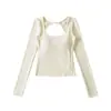 Camiseta Sexy de Manga Larga con Escote Redondo Bajo Hueco Estilo Puro Deseo para Mujer Nueva Llegada de Primavera con Almohadillas en el Pecho Ajustada Top Corto de Capa Base