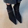 Botas de tacón alto con cremallera trasera adelgazantes para mujer 2026, Botines elegantes de gamuza con hebilla de cinturón y punta fina, Botas de tacón de aguja retro de una sola pieza