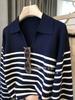 25 Nuevos Estilos de Otoño e Invierno ~ ¡Simples y a la Moda! Yodo Sol de Mar Jersey de Rayas Horizontales Solapa Francesa Manga Larga Camisa Top para Mujer
