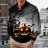 Impresión Digital 3D Murciélago de Halloween Cabeza de Calabaza Camisa Polo Clásica para Hombre Cuello Campana Casual Cómoda Otoño Invierno Manga Larga