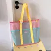 Bolso de Malla de Verano con Dibujos Animados Aplicados Bolso Tote Hueco Estudiante Clase Natación Gran Capacidad de Almacenamiento Bolso de Hombro