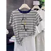 Camiseta Color Block Listrada Gola Redonda Manga Curta Estilo Coreano para Mulheres, Nova Moda Verão 2026 Versátil Tendência Jovem