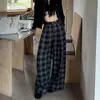 Pantalones casuales de pierna ancha a cuadros retro en negro y gris para mujer, otoño 2026, casual de cintura alta, abotonados, holgados, rectos hasta el suelo