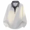 Sudadera de retazos a cuadros estilo americano de dos piezas falsas con cuello vuelto para hombre, nueva marca de moda casual de otoño, top elegante con media cremallera para hombre