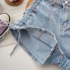 Shorts Jeans Stretch de Cintura Alta para Mulheres Verão Azul Claro Design com Cordão Look Emagrecedor A-Line Alça Short Quente Novo Estilo