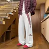 Calça de moletom larga estilo americano com três listras para homens e mulheres, calça esportiva reta com caimento fluido, calça casual bordada de modelagem solta e comprimento até o chão