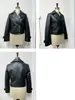 Chaqueta de cuero transfronteriza para mujer, estilo traje corto de doble botonadura, solapa grande, cintura alta, ajustada, petite, moto, PU, callejera europea y americana