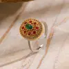 Anel de Cobre Europeu e Americano Transfronteiriço de Luxo Leve com Zircônia Colorida Incrustada, Estilo Retro Francês de Alto Padrão, Anel de Joia de Nicho para Mulheres