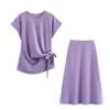 Fabricante Mayorista de Ropa para Mujer Transfronteriza 2025 Top con Cuello Redondo de Manga Corta Adornado Falda Midi Conjunto Suave