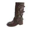 Botas Longas de Couro Marrom Maillard com Solado Grosso de Cano Alto Femininas 2026 Novas Botas Western Cowboy Cavaleiro de Cano Médio Enrugadas
