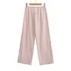 2650-26 Calça Longa Casual Solta, Calça Listrada, Cintura Alta, Calça Reta Drapeada, Listras Rosas de Verão, Cintura Elástica com Cordão