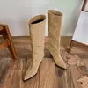 [] Botas de Cano Alto Stiletto Bico Fino Femininas 2026 Outono Inverno Novas Cor Cáqui Botas Longas Camurça Salto Alto Botas de Cano Alto