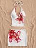 Estilo Floral de Verano para Vacaciones Encaje con Cordones Cuello en V con Tirantes Ajustado Moda Bodycon Falda Sexy Versátil Moda Conjunto de Dos Piezas