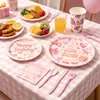 Vasos de papel para fiesta de pastel rosa, platos de papel, servilletas de papel, mantel, cubiertos de plástico, pancarta, suministros de decoración para el lugar