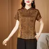 Blusa Estampada Nuvem Fragrante Estilo Chinês Retrô para Mães de Meia-Idade Feminina 2025 Nova Camiseta de Seda de Manga Curta Verão