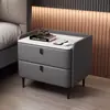 Mesita de noche, madera maciza con tapa de losa de roca, estilo de lujo ligero, almacenamiento de cuero, mueble de almacenamiento de alta gama para uso doméstico, diseño simple y moderno