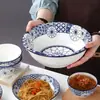 Cuencos y Platos de Cerámica Blue Charm: Popular Vajilla de Estilo Japonés para Uso Doméstico, Cuenco de Cerámica con Color Bajo Esmalte para Sopa y Fideos, Apto para Microondas