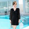 Traje de baño de una pieza de manga larga con protección solar para mujer de talla grande, para chica gordita, holgado, que cubre la carne, adelgazante, con cuello en V, conservador, que cubre la carne, adelgazante