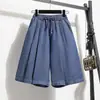 Foto Real de Shorts Jeans de Tencel Plus Size para Mulheres, Verão Fino Corte A Jeans de Seda Gelada Casual de Perna Larga Comprimento do Joelho para Roupa Externa