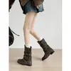 Botas vaqueras de tacón grueso apilado con remaches, diseño retro plegable, de media pantorrilla para mujer, estilo nuevo Otoño/Invierno 2026, hebilla de cinturón