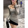Camiseta de Tricô com Gola U e Manga Flare Estilo Pura Luxúria para Mulheres no Verão, Blusa de Tule com Proteção Solar, Top Camadas Slim Fit