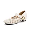 Versão em Couro~Sapatos Mary Jane Trançados Vazados Estilo Francês com Elevação Oculta, Bico Quadrado Feminino, Tira Única, Sapatos Baixos Simples Estilo Coreano
