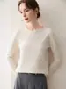 Suéter de punto de lana para mujer, estilo francés suave, borde enrollado, cuello redondo, cachemira, patrón de diamante oscuro, jacquard tridimensional, punto de una sola línea