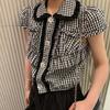 [en stock] Top de cuadros MS para mujer, nuevo estilo Ins, manga corta, cuello de muñeca, manga abullonada, top de cuadros