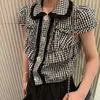En StockTop de Cuadros MS Estilo Nuevo INS para Mujer Manga Corta Cuello Peter Pan Manga Abullonada Top de Cuadros