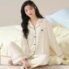 Pijama feminino algodão novo calça de manga comprida cardigã de lapela primavera e outono avançado casual desenho animado roupa de casa conjunto