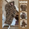 Popular Bata con Capucha Estampado de Leopardo para Mujer Invierno Felpa de Coral Peluche Pijamas Cálidos Extra Largos Ropa para el Hogar