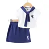 Ropa para Niñas de Dos Piezas, Verano, Cuello Marino, Manga Corta y Falda Corta Azul Marino, Estilo Academia Casual Versátil, En Stock